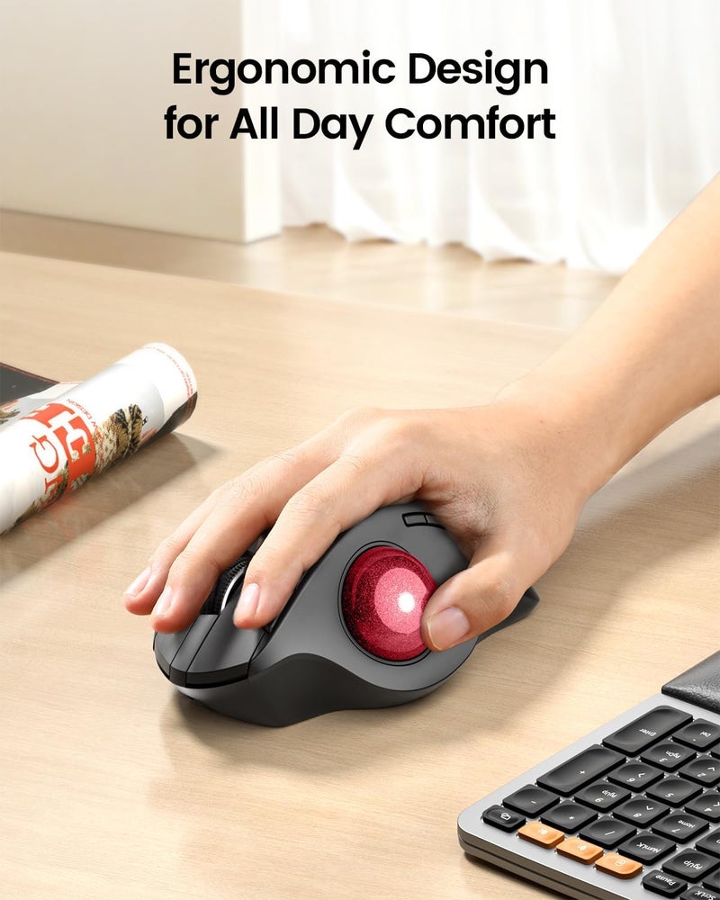 ProtoArc Wireless Trackball Mouse, EM01 NL Ergonomic Bluetooth Rollerball Thumb Rechargeable Computer Laptop Mouse, Adjustable Angle & 3 Device Connection for PC, Mac, Windows-Red Ball - Image 3